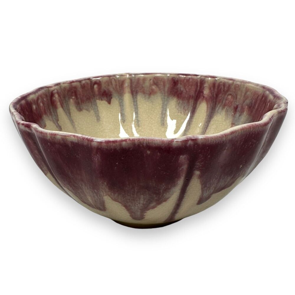 Drip Glaze Pottery Serving Bowl Red Purple Beige Round‎ Art Drizzle Decorative